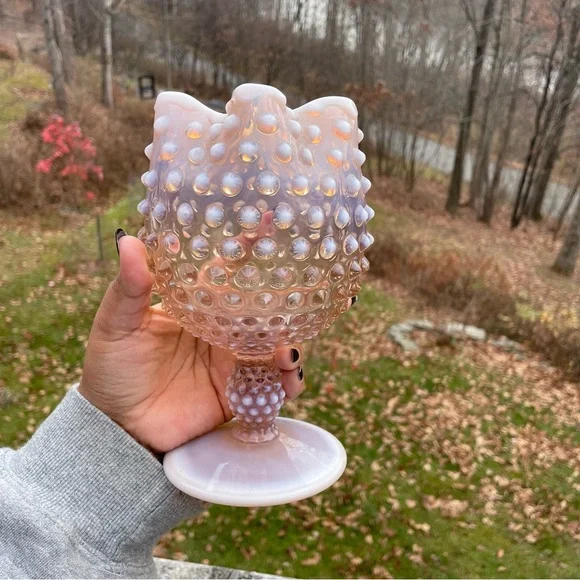 DUNCAN & MILLER Vintage 1940s Pink Opalescent Hobnail Crimped Footed Vase Cup - Picture 8 of 10